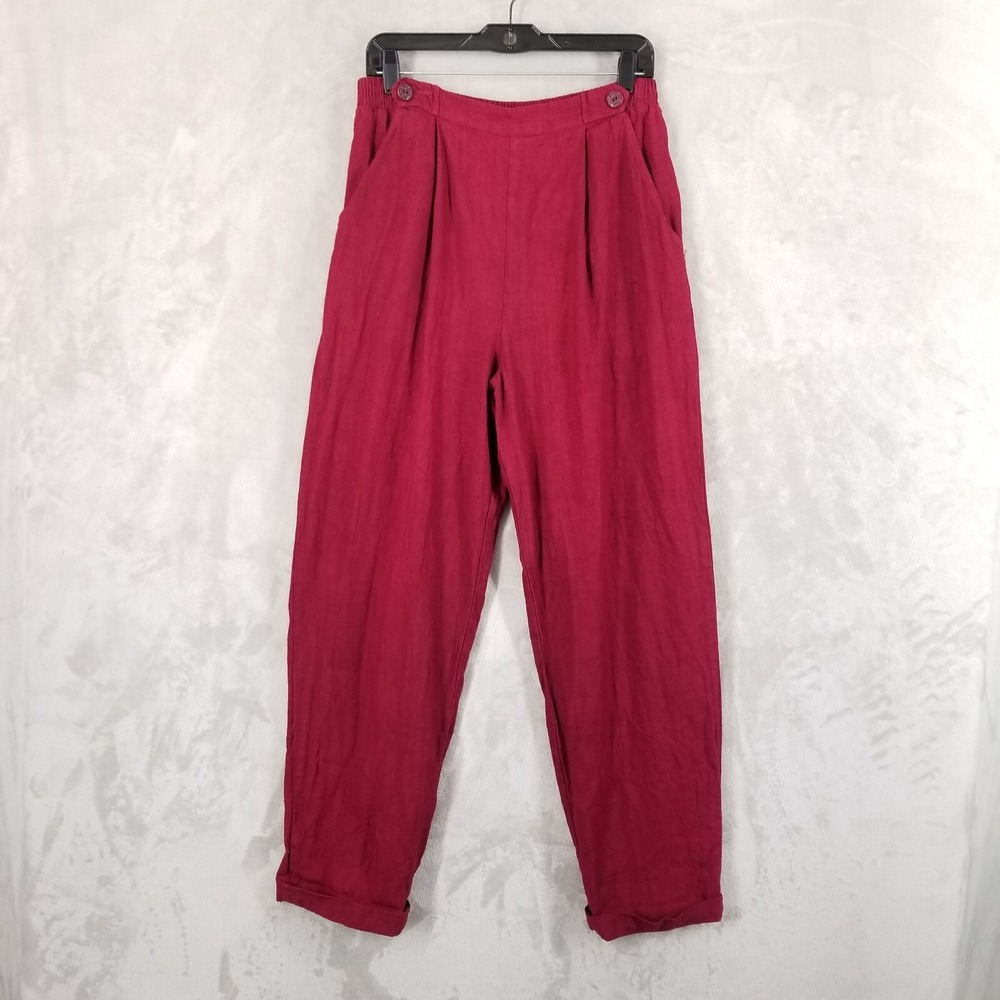 Vintage Timbuktu Pants Women Red 100% Linen Relaxed Pleated Cuffs High Rise USA